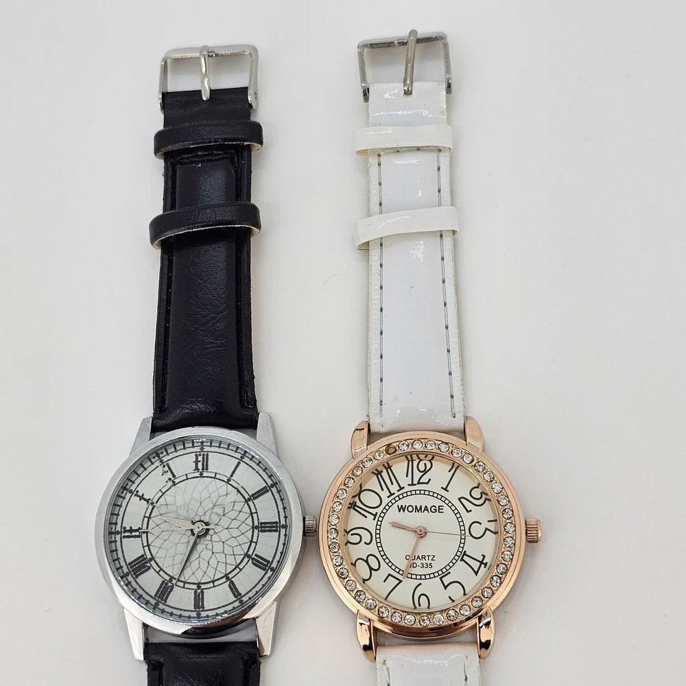2X Women's Watch 38MM Gray Cream Dial Black White Faux Leather Bands NEW Battery